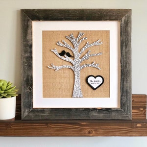 Tree Silhouette with Birds for Newlyweds, Framed Family Tree, Wedding Gift for Niece, Personalized Farmhouse Decor, First Dance Song image 1