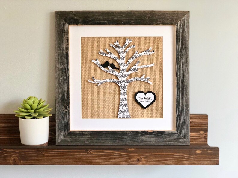 Tree Silhouette with Birds for Newlyweds, Framed Family Tree, Wedding Gift for Niece, Personalized Farmhouse Decor, First Dance Song image 1