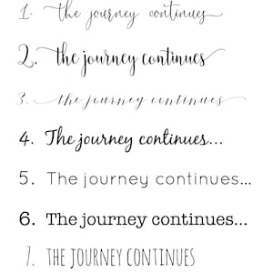 May include: A handwritten list of seven variations of the phrase "The journey continues." The first three variations are in cursive, the next three are in a more standard font, and the last variation is in all caps.