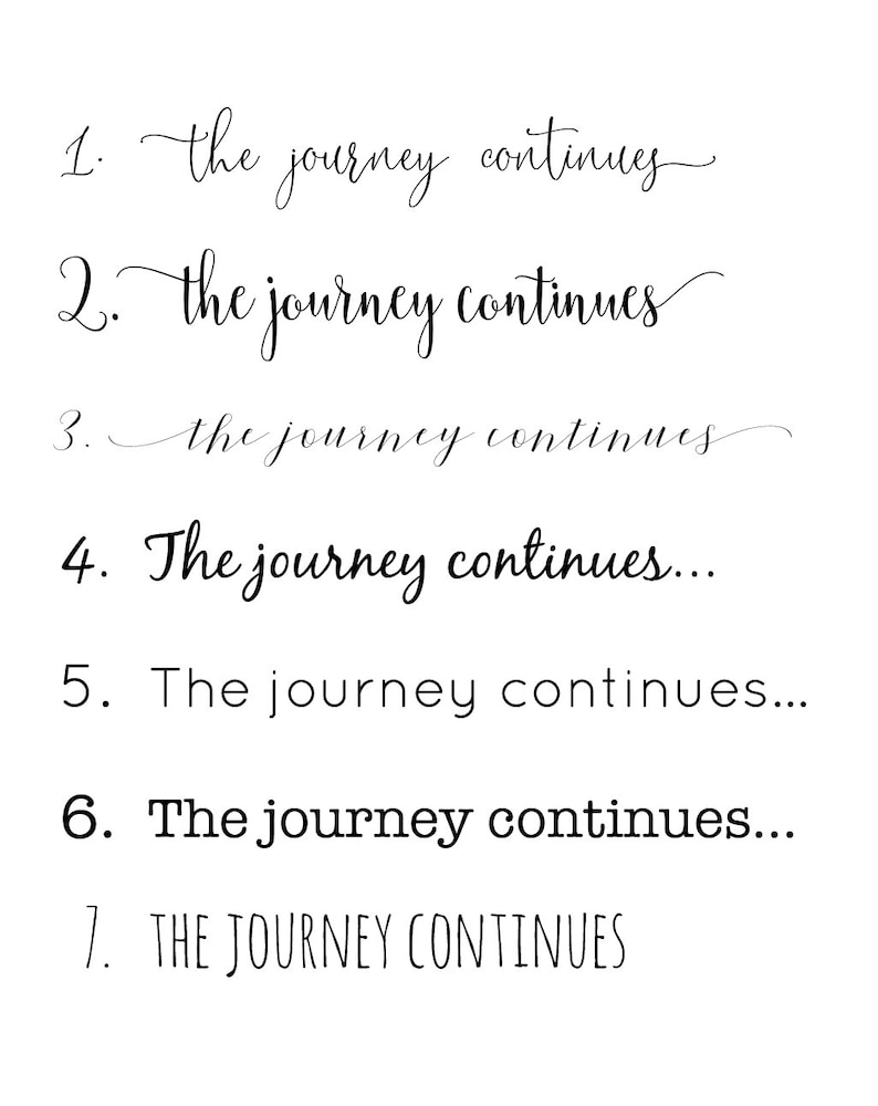 May include: A handwritten list of seven variations of the phrase "The journey continues." The first three variations are in cursive, the next three are in a more standard font, and the last variation is in all caps.