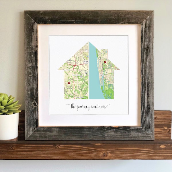 Mapa de casa dividida Regalo de mudanza: el viaje continúa Regalo de jubilación para maestros, regalos de mudanza, regalos para casas nuevas, mapa personalizado de la casa