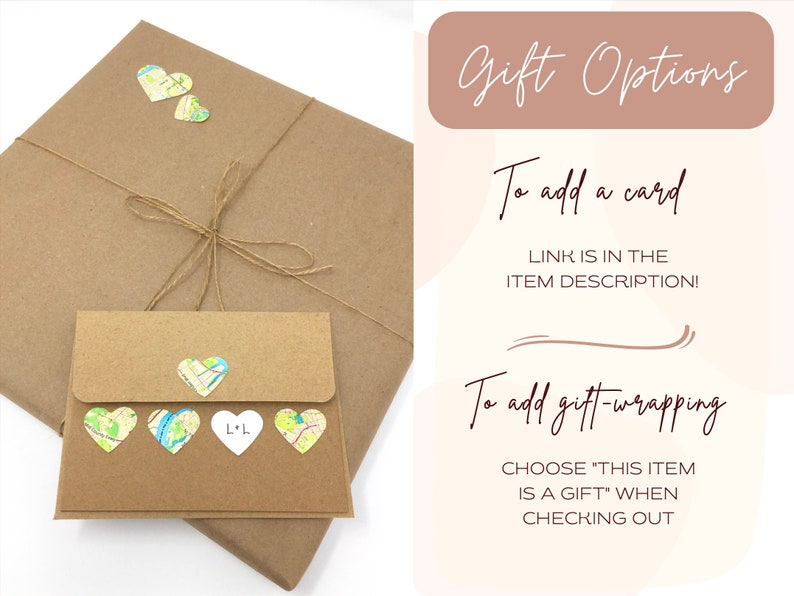 May include: A wrapped package in brown paper, tied with twine, and a small envelope. The envelope and package are decorated with map-themed heart stickers. The text on the image says "Gift Options" and "To add a card" and "To add gift-wrapping".