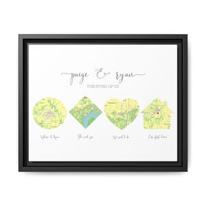 Copia di mappe con forme diverse: mappa a forma di cuore, mappa di casa, tela incorniciata di una storia d'amore, regalo di anniversario per la moglie, anniversario di cotone