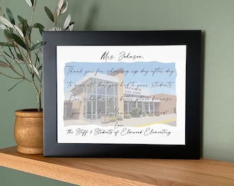 Letter to Retiring Teacher- Framed Picture for Principal Retirement Gift Plaque, Watercolor Picture of School with Personalized Note
