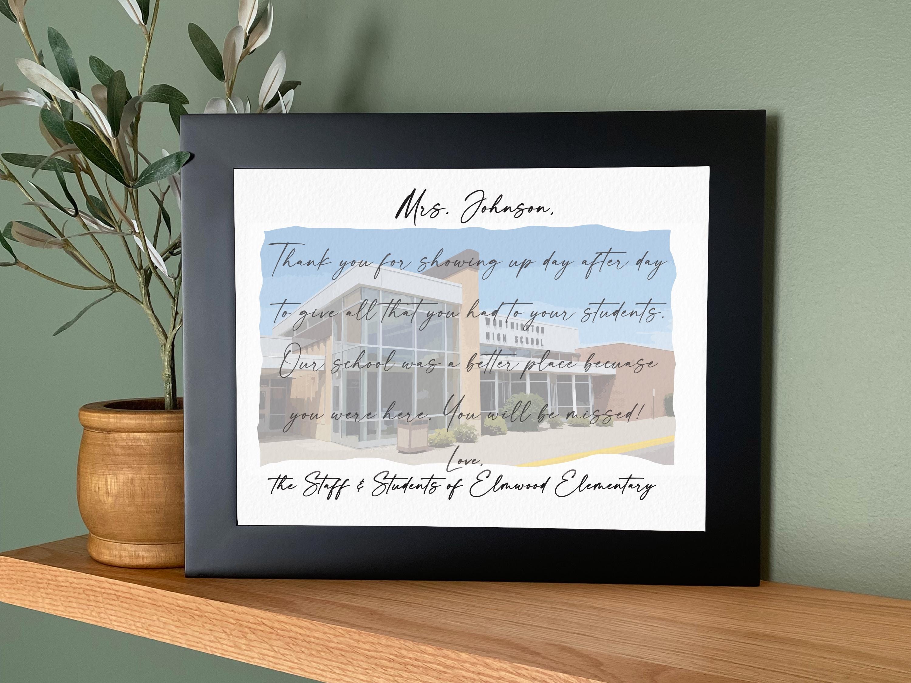 Letter to Retiring Teacher- Framed Picture for Principal Retirement Gift Plaque, Watercolor Picture of School with Personalized Note