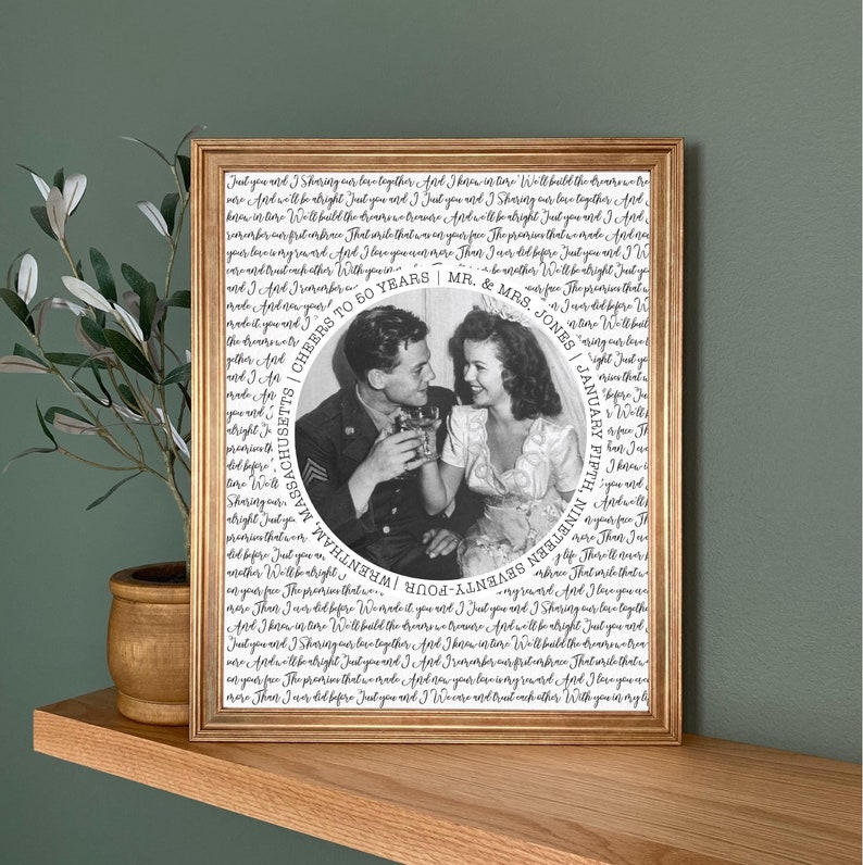 May include: A black and white photo of a couple celebrating their 50th wedding anniversary. The photo is surrounded by a circle with the text "CHEERS TO 50 YEARS MR. & MRS. JONES | JANUARY FIFTH, NINETEEN SEVENTY-FOUR | WREATHAM, MASSACHUSETTS".