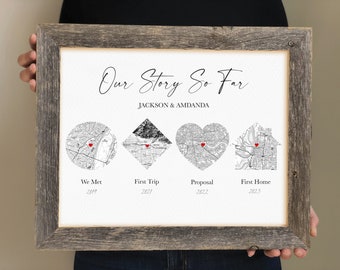 Our Story So Far Custom Map Print of Milestone Locations- Black and white maps, Relationship Timeline Print, Valentine's Day Gifts for Him