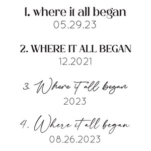 May include: A white background features four text designs. The phrase "where it all began" appears in various fonts and styles, accompanied by dates: 05.29.23, 12.2021, 2023, and 08.26.2023. The design is simple and elegant.