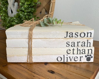 Hand Stamped Books- Farmhouse Custom Books, Personalized Name Decor,  Bookstacks with names, vintage, Rustic Accents, Custom Book Stack