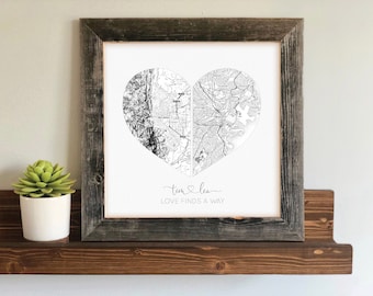 Love Finds a Way Black and White Split Heart Map- Valentines Day Gift for Long Distance Relationship- Long Distance Boyfriend Gifts,