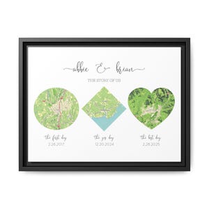 Mappe con forme diverse: mappa a forma di cuore, mappa di casa, tela incorniciata raffigurante una storia d'amore, regalo di anniversario per la moglie, regali di anniversario in cotone