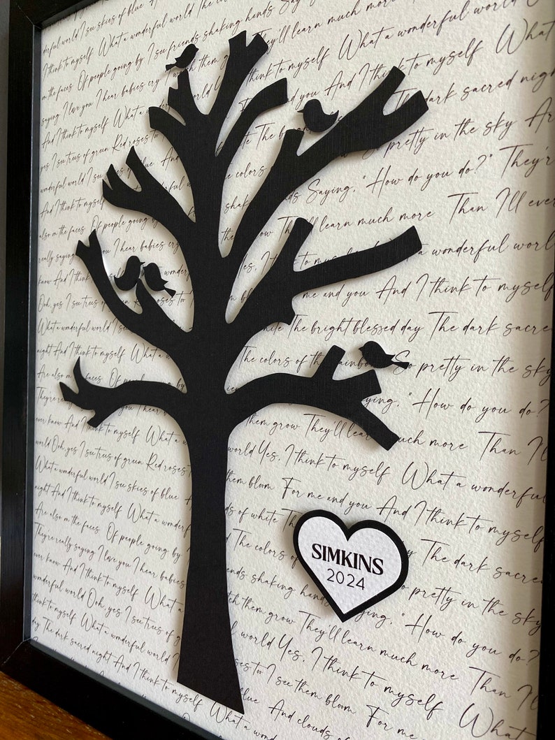Song Lyric Art Framed Lyrics, First Dance, Unique Anniversary Gift, Custom Wedding Gift, Lyric Tree, Tree with Initials, Framed Paper Art image 10