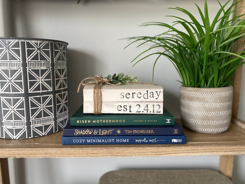 Established date books, last name stamped books, wedding gift, bridal shower gift, farmhouse bookstack, stamped stacked books, bookstack