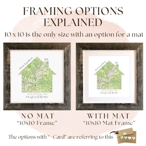 May include: Two 10x10 inch frames, one with a mat and one without, showing a personalized house map print. The print features a house shape with a map of a neighborhood inside, along with the text "our first home" and the year 2004. The text "olivin & jackson" is also included. The frame on the left is labeled "NO MAT" and the frame on the right is labeled "WITH MAT".