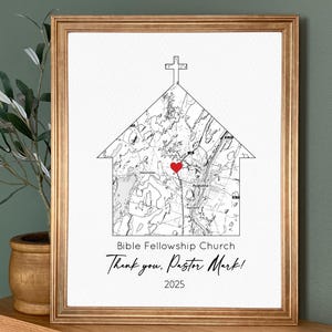 May include: A black and white illustration of a church building with a red heart in the center. The text below reads "Bible Fellowship Church Thank you, Pastor Mark! 2025".