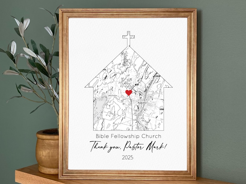 May include: A black and white illustration of a church building with a red heart in the center. The text below reads "Bible Fellowship Church Thank you, Pastor Mark! 2025".