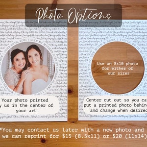 May include: Two white cards with handwritten text and a circular cutout for a photo. The text on the left card reads "June 20th, 2021 | Like My Mother Does By Lauren Alaina Love You To The Moon & Back You'll Be In My Heart By Brittainy." The text on the right card reads "Use an 8x10 photo for either of our sizes. Center cut out so you can put a printed photo behind, and change when desired. *You may contact us later with a new photo and we can reprint for $15 (8.5x11) or $20 (11x14)."