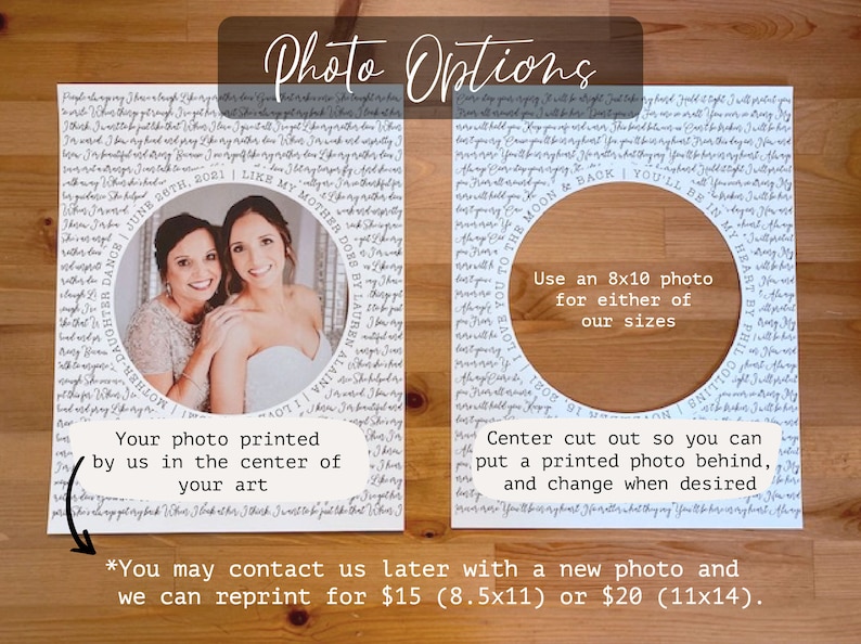May include: Two white cards with handwritten text and a circular cutout for a photo. The text on the left card reads "June 20th, 2021 | Like My Mother Does By Lauren Alaina Love You To The Moon & Back You'll Be In My Heart By Brittainy." The text on the right card reads "Use an 8x10 photo for either of our sizes. Center cut out so you can put a printed photo behind, and change when desired. *You may contact us later with a new photo and we can reprint for $15 (8.5x11) or $20 (11x14)."