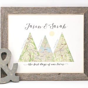 Couples Travel Map Custom 5th Anniversary Gifts For Husband, Wife Personalized Wood Mountain Travel Adventure Wedding Gifts image 1