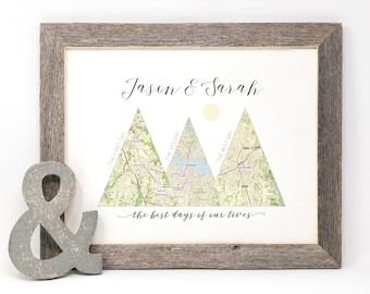 Couples Travel Map Custom 5th Anniversary Gifts For Husband, Wife | Personalized Wood Mountain Travel Adventure Wedding Gifts