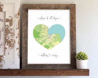 Framed Map of Where it all Began- Feature a special location, Custom Map of Our Story, Valentines Gift for Girlfriend, Heart Map