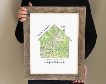 Housewarming Gift, Gift for new home owner, Realtor Gift, Closing Gift, GPS Coordinates, Framed Map, Map Art, New Home, Map of House