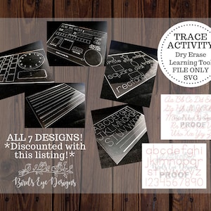 ALL 7 FILES: Trace Activity Dry Erase Learning Tool Writing Board Homeschool | Glowforge Silhouette Cricut Laser File | SVG