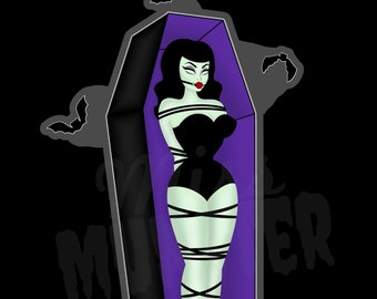 May include: A woman with long black hair is tied up and lying in a purple coffin. She is wearing a black dress and has red lips. There are bats flying around the coffin. The text "Little Murder" is written on the side of the coffin.