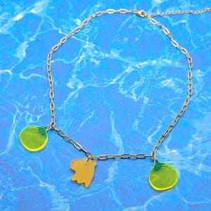 Capybara and Yuzu Fruit Laser Cut Charm Necklace on 18K Gold Plated Stainless Steel Chain, Capybara Lover Gift, Cute Animal Fruit Jewelry