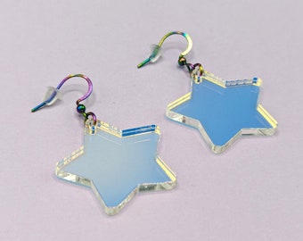 Iridescent Mirrored Star Drop Earrings with Rainbow Stainless Steel Wires, Colorful Celestial Star Space Earrings, Cute Rainbow Star Jewelry