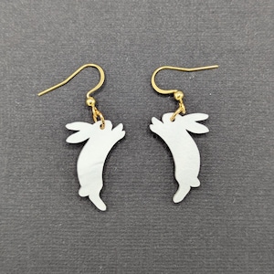 Bunny Pearlescent White Acrylic Drop Earrings, Cute Bunny Rabbit Earrings, Animal Jewelry, Bunny Rabbit Lover Gift, Fun Spring Earrings
