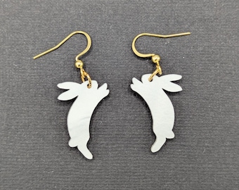Bunny Pearlescent White Acrylic Drop Earrings, Cute Bunny Rabbit Earrings, Animal Jewelry, Bunny Rabbit Lover Gift, Fun Spring Earrings