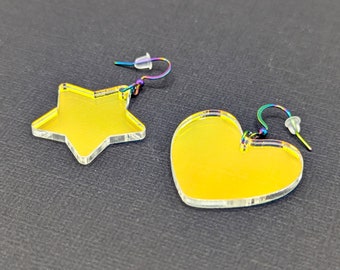 Iridescent Mirrored Heart Star Mismatched Drop Earrings with Rainbow Stainless Steel Wires, Colorful Asymmetrical Earrings, Rainbow Jewelry
