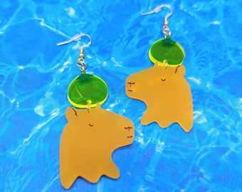 Capybara mit Yuzu Frucht Acryl baumeln Tropfen Ohrringe, bunte Tier Statement Ohrringe, niedliches Capybara Liebhaber Geschenk