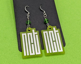 NCT Blocky Logo Acrylic Drop Earrings with Green Glass Beads Sterling Silver Hooks, NCTzen Dreamzen Czennie Earrings Jewelry, NCT Fan Gift