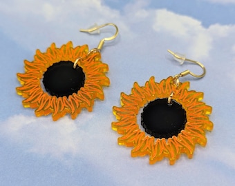 Pendientes colgantes de girasol con forma de eclipse solar, pendientes de girasol, divertidos pendientes de verano, regalo de joyería con forma de girasol, pendientes acrílicos coloridos