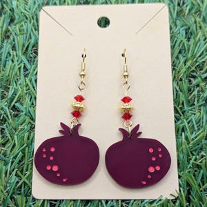 Pomegranate Drop Earrings with Red Glass and Gold Metal Beads, Persephone Greek Mythology Jewelry, Pomegranate Jewelry, Mediterranean Summer