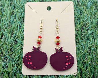 Pomegranate Drop Earrings with Red Glass and Gold Metal Beads, Persephone Greek Mythology Jewelry, Pomegranate Jewelry, Mediterranean Summer