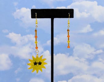 Upcycled Yellow Orange Amber Brown Beaded Asymmetrical Sun Earrings, Maximalist Earrings, Mismatched Statement Earrings, Gift for Her