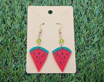 Wassermelonen Scheibe Ohrringe mit Grünen Tschechischen Glasperlen, Sommer Ohrringe, Wassermelonenscheibe Ohrringe, Spaß Sommer Schmuck, Geschenk Freundin