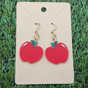 Red Apple Fruit Drop Earrings, Cute Fruit Earrings, Red Apple Earrings, Fun Summer Fruit Jewelry, Cute Teacher Gift, Farmer&#39;s Market Jewelry