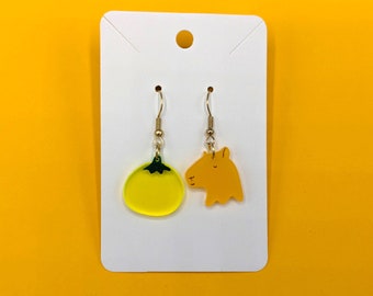 Capybara und Yuzu Frucht Mismatched Acryl Ohrringe, Bunte Tier Statement Ohrringe, Niedlicher Nagetier Schmuck, Capybara Liebhaber Geschenk