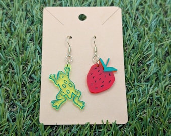 Green Frog and Red Strawberry Mismatch Acrylic Drop Earrings, Cute Frog Toad Lover Gift, Colorful Frog Jewelry, Unique Summer Fruit Earrings