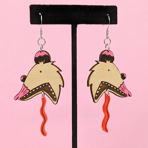 Opossum with Wiggly Red Tongue Drop Earrings, Colorful Animal Statement Earrings, Cute Opossum Lover Gift, Funny Unique Novelty Earrings
