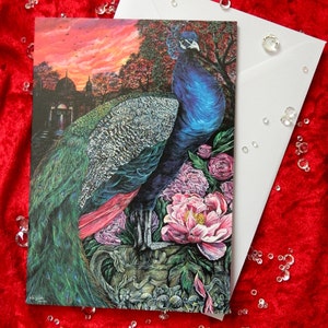 Paon et pivoine Sunset 'The Imperial Sentinel' par Kim Fowler Fine Art Grande carte de vœux