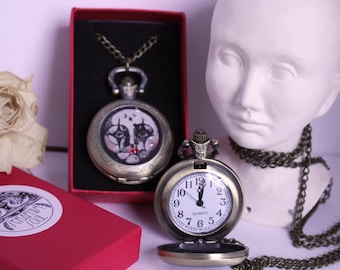 PIERROT Man in the MOON Fob WATCH Clock Pendant Locket Long Line Necklace Goth / Steampunk