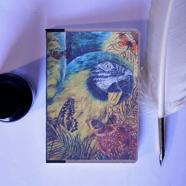 MACCAW PARROT BUTTERFLY House Printed A6 Small Sketchbook plain cream paper notebook (soft back) Exotic / Jungle / Yellow / Flower
