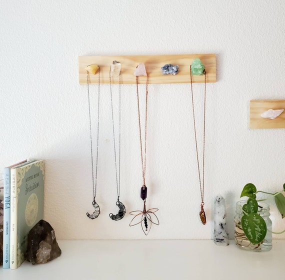 Crystal Jewelry Organizer | Wall Mounted Necklace Hanger With Raw Stone Hooks | Boho Decor
