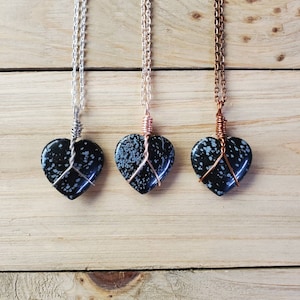 Snowflake Obsidian Crystal Necklace, Black Obsidian Heart