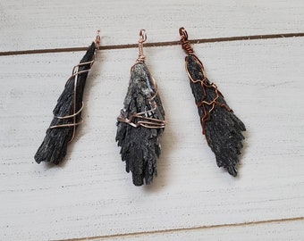 Wire Wrapped Black Kyanite Pendant Necklace: Natural Healing Crystal